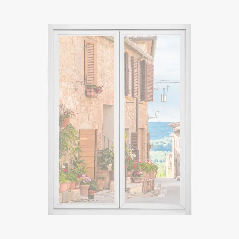 Naklejka na okno spokojny zielony pomost przez trzcinowisko do rustykalnej chaty – Wallissimo®