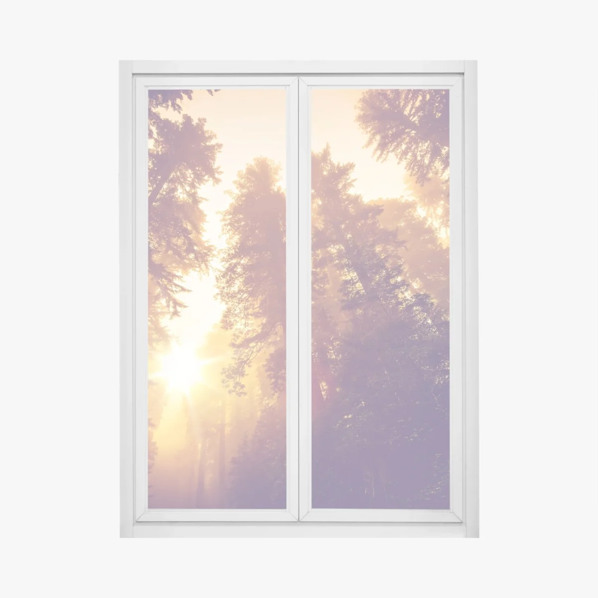 Naklejka na okno mglisty las sekwojowy w złotych vintage tonacjach – Wallissimo® Naklejka na okno mglisty las sekwojowy w złotych vintage tonacjach – Wallissimo®