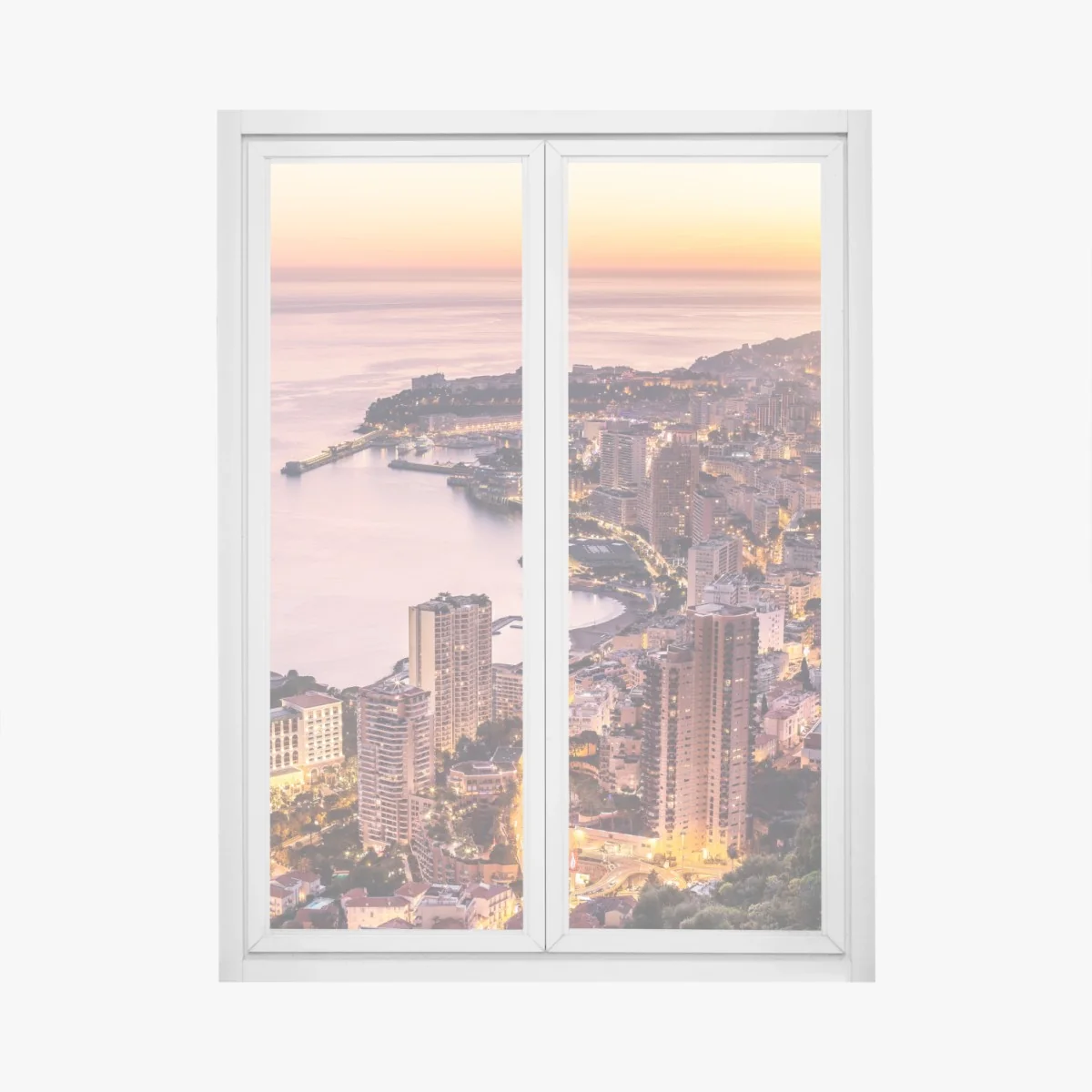 Naklejka na okno zachód słońca nad miejskim wybrzeżem – Wallissimo® Naklejka na okno zachód słońca nad miejskim wybrzeżem – Wallissimo®