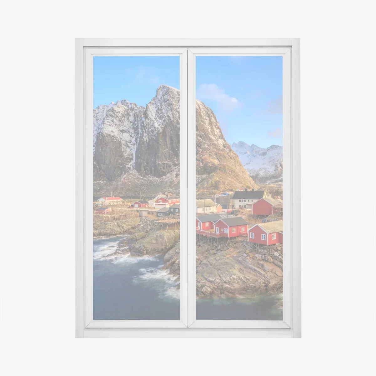Naklejka na okno wioska nadbrzeżna w Norwegii z czerwonymi domkami – Wallissimo®