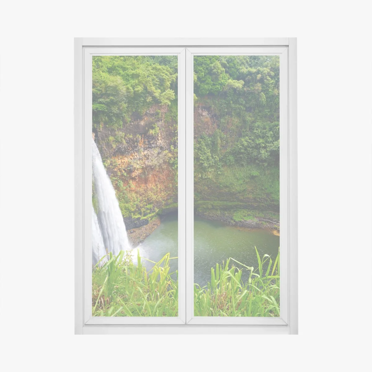 Naklejka na okno podwójny wodospad w bujnym zielonym lesie – Wallissimo® Naklejka na okno podwójny wodospad w bujnym zielonym lesie – Wallissimo®