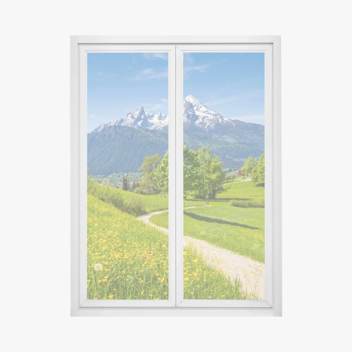 Naklejka na okno alpejska wiosenna łąka z ośnieżonymi szczytami – Wallissimo®