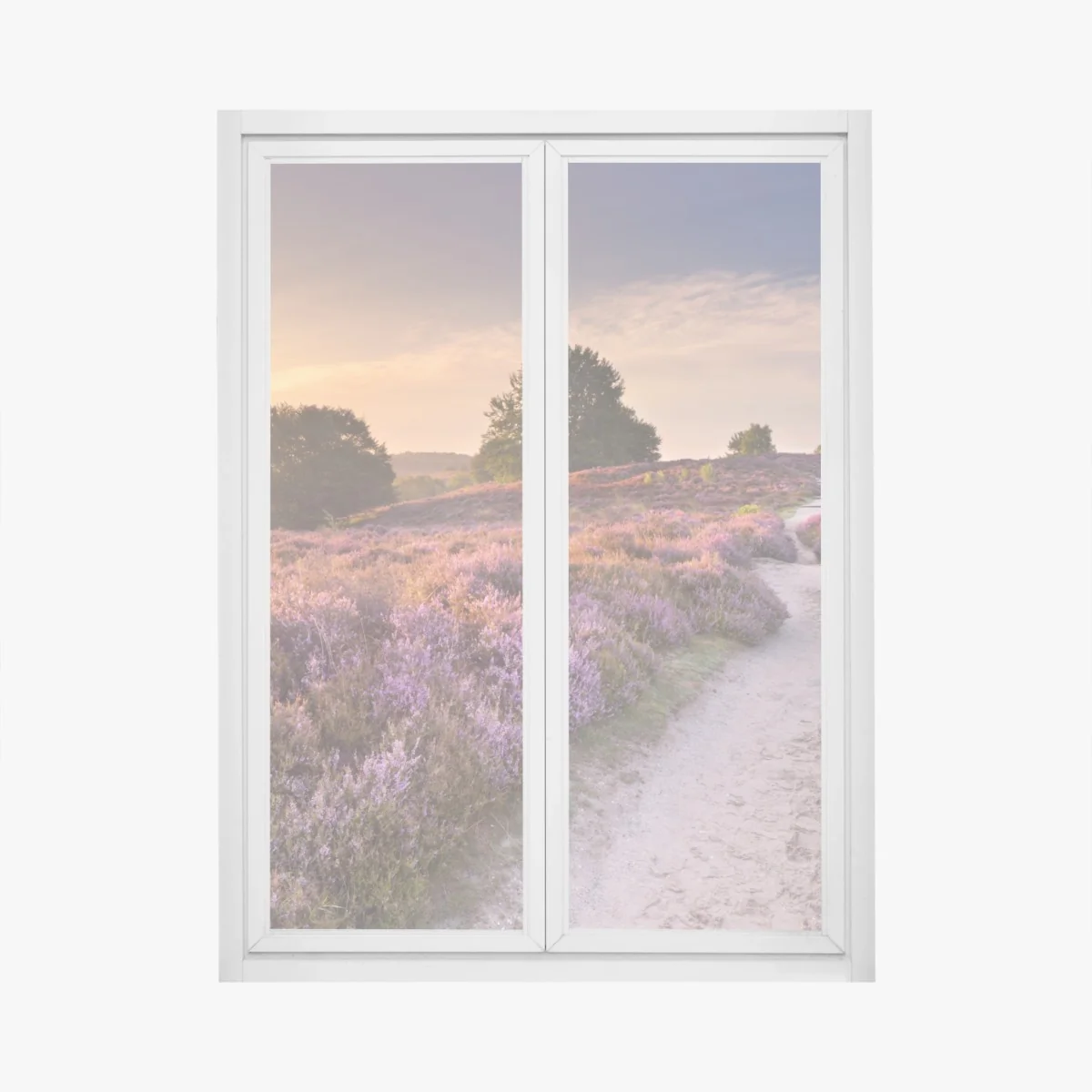 Naklejka na okno Posbank o świcie nad wrzosowiskiem – Wallissimo® Naklejka na okno Posbank o świcie nad wrzosowiskiem – Wallissimo®