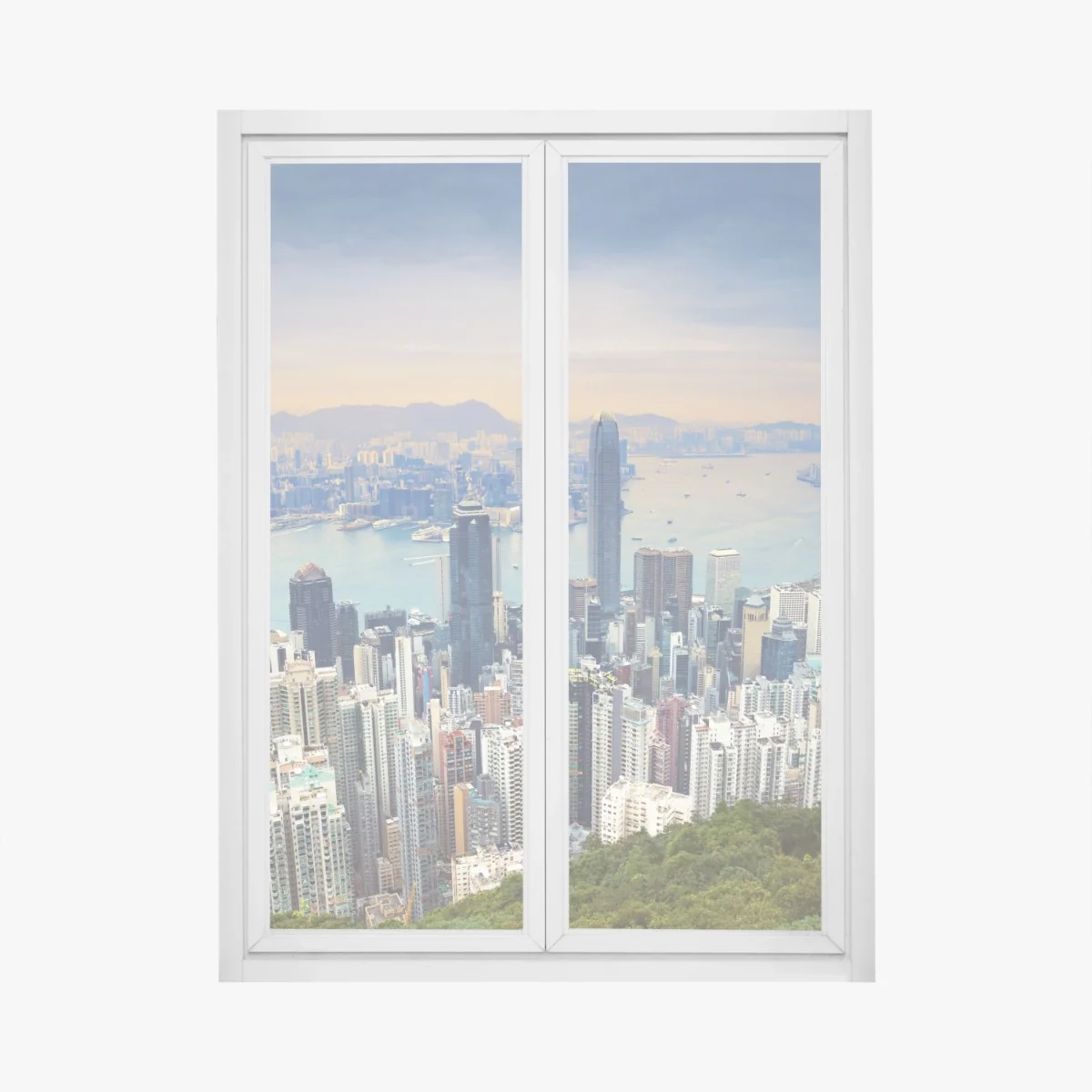 Naklejka na okno Hong Kong panorama miasta o zmierzchu – Wallissimo® Naklejka na okno Hong Kong panorama miasta o zmierzchu – Wallissimo®