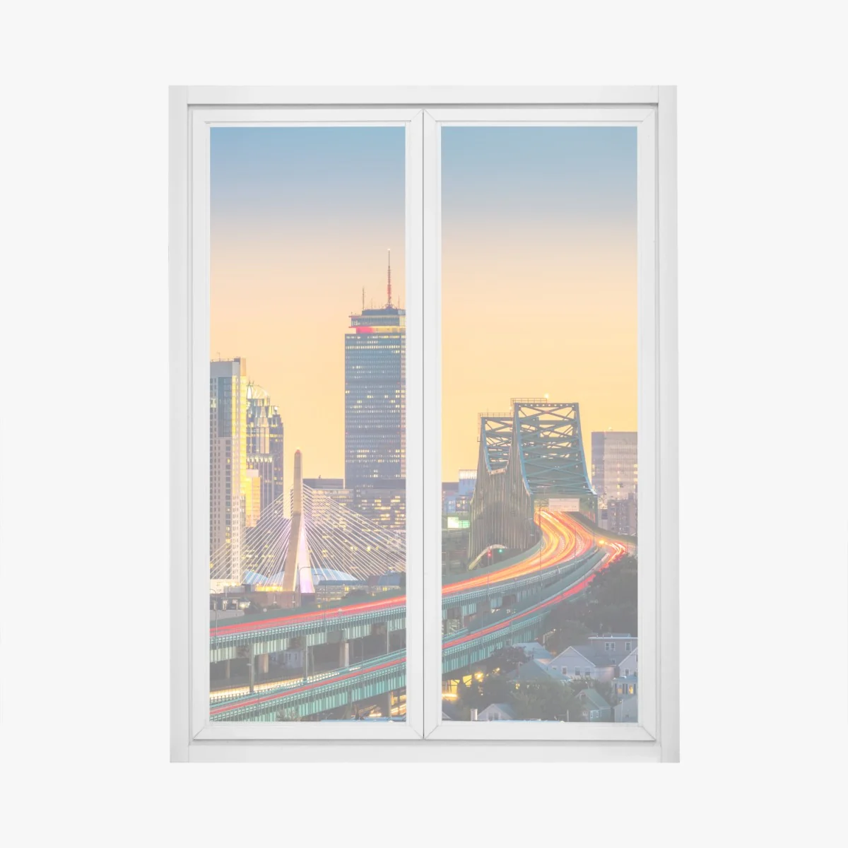 Naklejka na okno panorama Bostonu o zachodzie słońca z mostami Zakim i Tobin – Wallissimo® Naklejka na okno panorama Bostonu o zachodzie słońca z mostami Zakim i Tobin – Wallissimo®