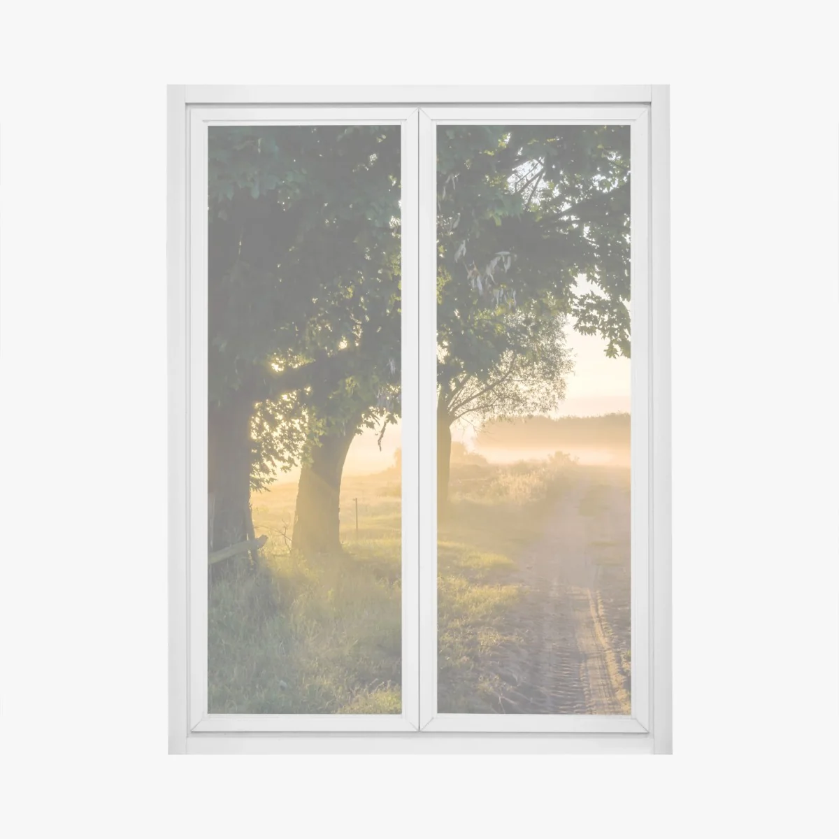 Naklejka na okno słoneczna wiejska droga o świcie – Wallissimo® Naklejka na okno słoneczna wiejska droga o świcie – Wallissimo®