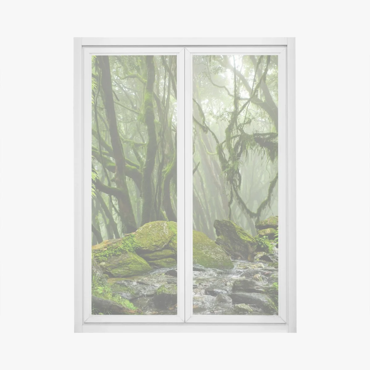 Naklejka na okno las ze strumieniem we mgle – Wallissimo® Naklejka na okno las ze strumieniem we mgle – Wallissimo®