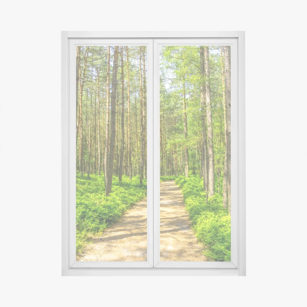 Naklejka na okno słoneczna leśna ścieżka wśród sosen – Wallissimo® Naklejka na okno słoneczna leśna ścieżka wśród sosen – Wallissimo®
