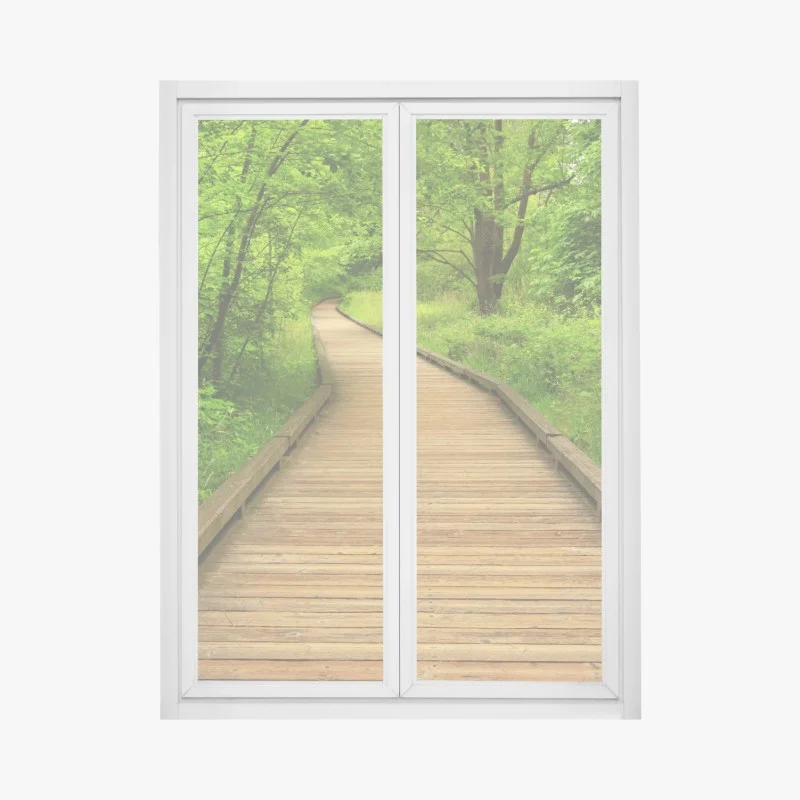 Naklejka na okno spokojny drewniany pomost w lesie