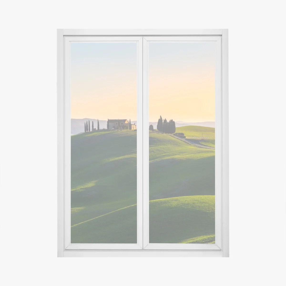 Naklejka na okno gospodarstwo na zielonych wzgórzach, Crete Senesi – Wallissimo® Naklejka na okno gospodarstwo na zielonych wzgórzach, Crete Senesi – Wallissimo®