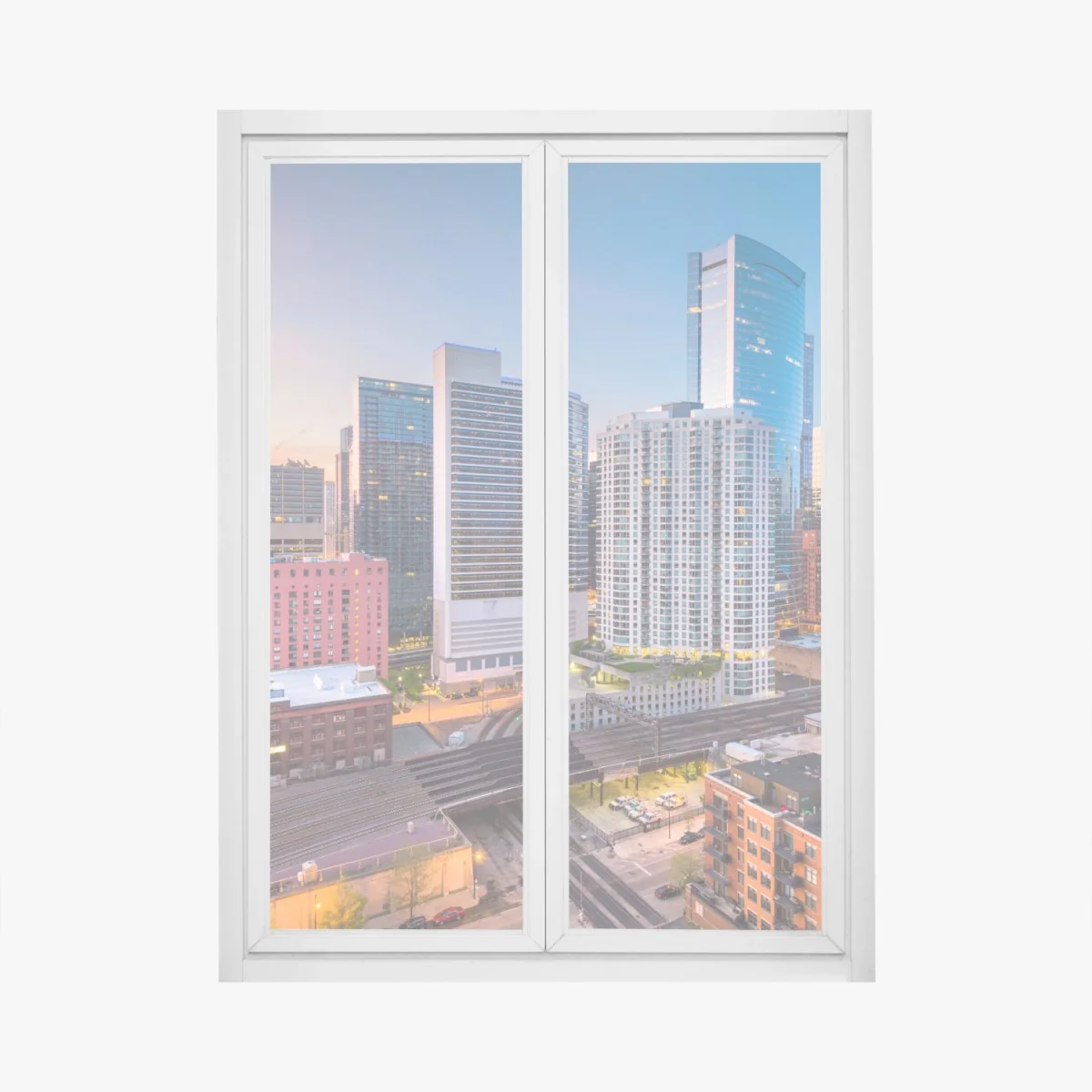 Naklejka na okno panorama Chicago o zmierzchu – Wallissimo® Naklejka na okno panorama Chicago o zmierzchu – Wallissimo®