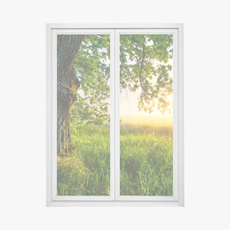 Naklejka na okno mglista panorama górska nad doliną – Wallissimo®