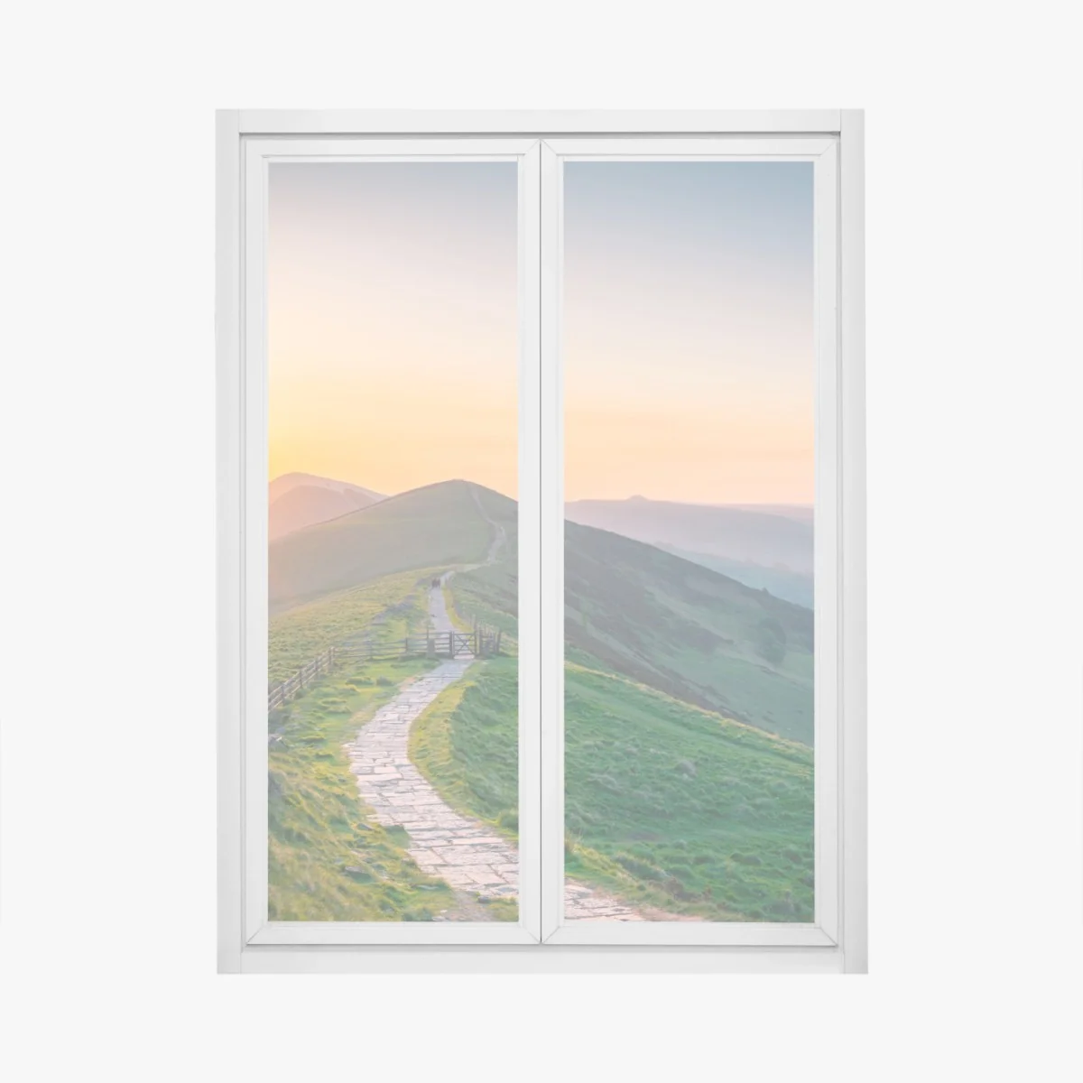 Naklejka na okno wschód słońca nad zielonymi wzgórzami z kamienną ścieżką – Wallissimo®