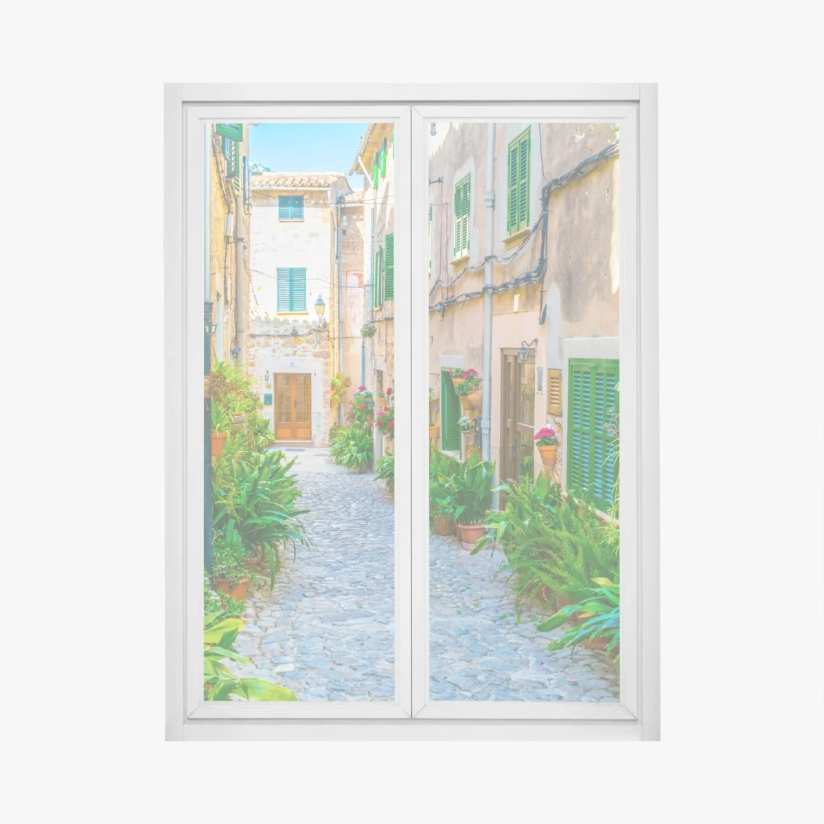 Naklejka na okno słoneczna uliczka z zielonymi okiennicami – Wallissimo® Naklejka na okno słoneczna uliczka z zielonymi okiennicami – Wallissimo®