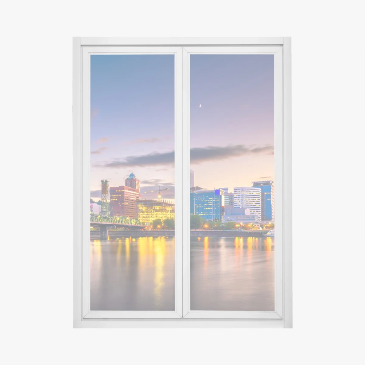 Naklejka na okno Portland panorama miasta o zmierzchu nad rzeką Willamette – Wallissimo® Naklejka na okno Portland panorama miasta o zmierzchu nad rzeką Willamette – Wallissimo®