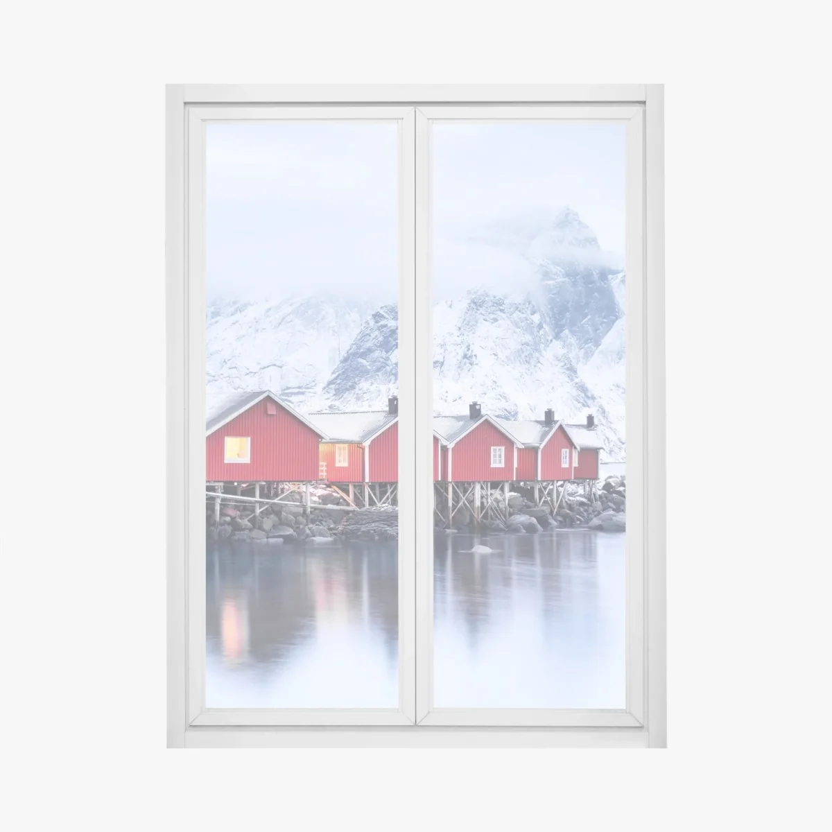 Naklejka na okno wschód słońca nad Lofotami i czerwonymi domkami – Wallissimo® Naklejka na okno wschód słońca nad Lofotami i czerwonymi domkami – Wallissimo®