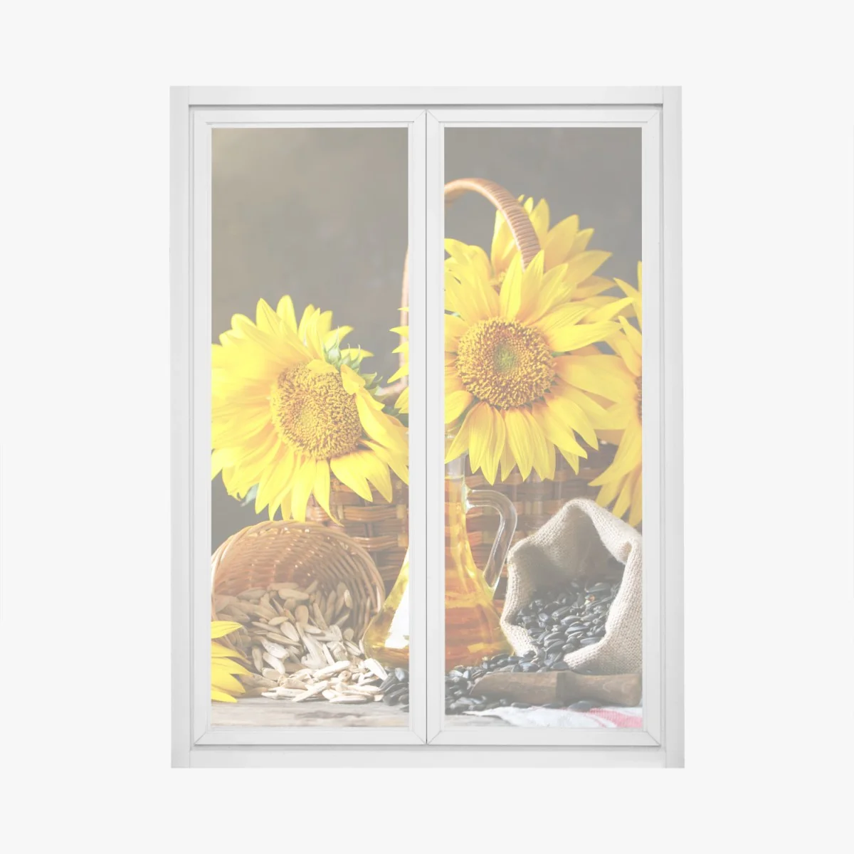 Naklejka na okno jasna martwa natura ze słonecznikami, ziarnami i olejem – Wallissimo® Naklejka na okno jasna martwa natura ze słonecznikami, ziarnami i olejem – Wallissimo®