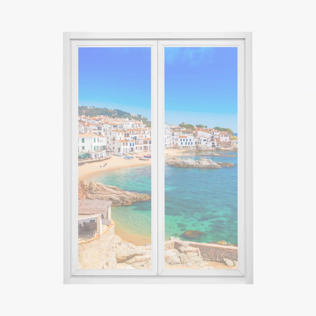 Naklejka na okno słoneczna śródziemnomorska wioska nad morzem – Wallissimo® Naklejka na okno słoneczna śródziemnomorska wioska nad morzem – Wallissimo®