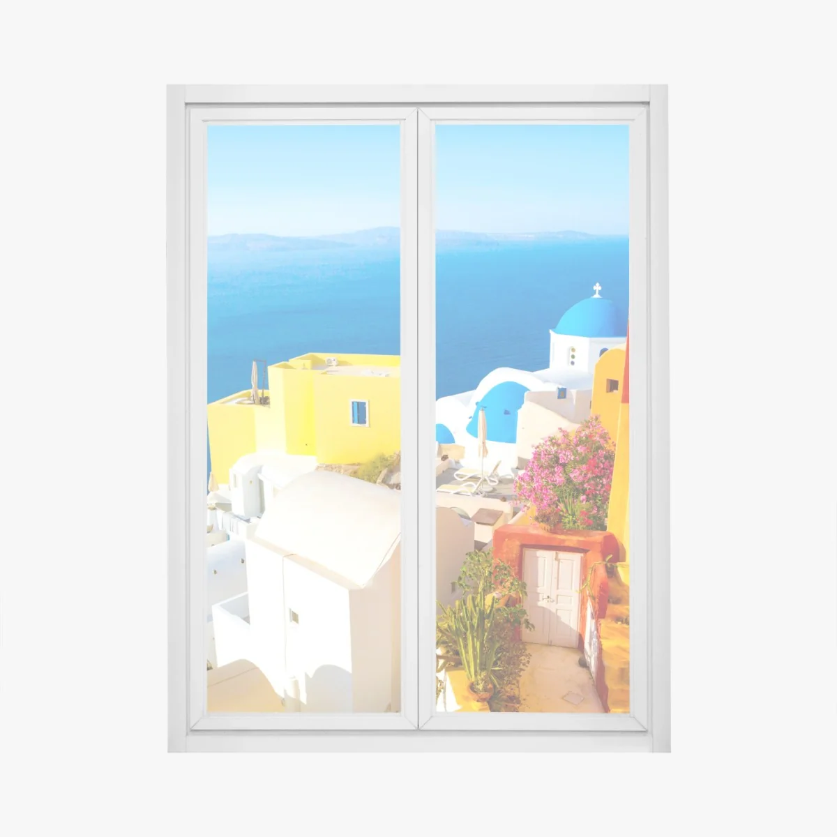 Naklejka na okno słoneczna Santorini nadmorska wioska – Wallissimo®