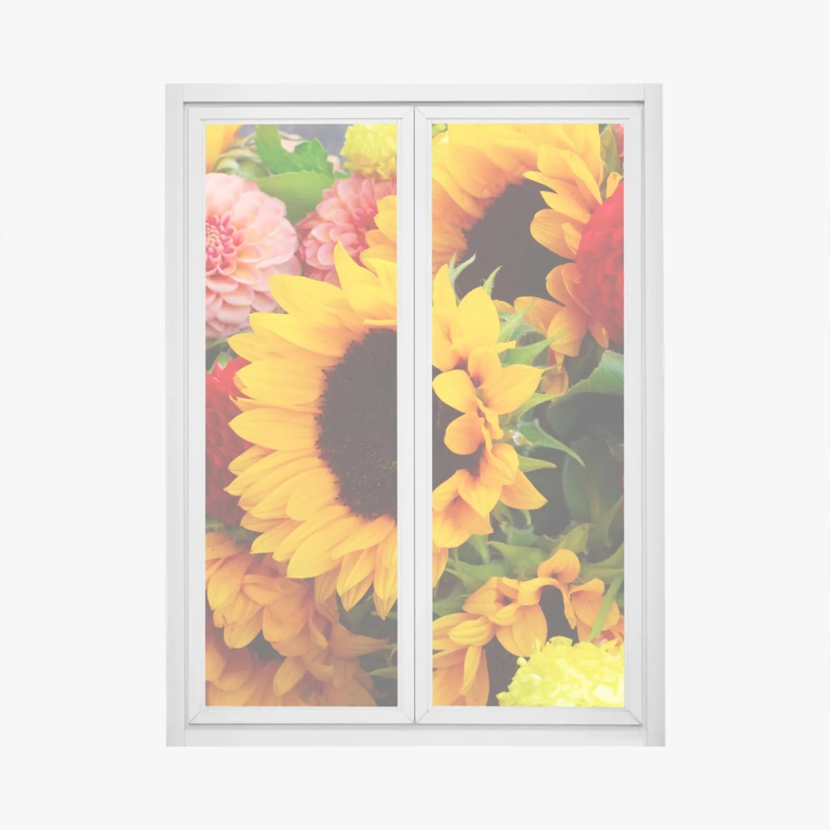 Naklejka na okno zbliżenie bukietu słoneczników i dali – Wallissimo® Naklejka na okno zbliżenie bukietu słoneczników i dali – Wallissimo®