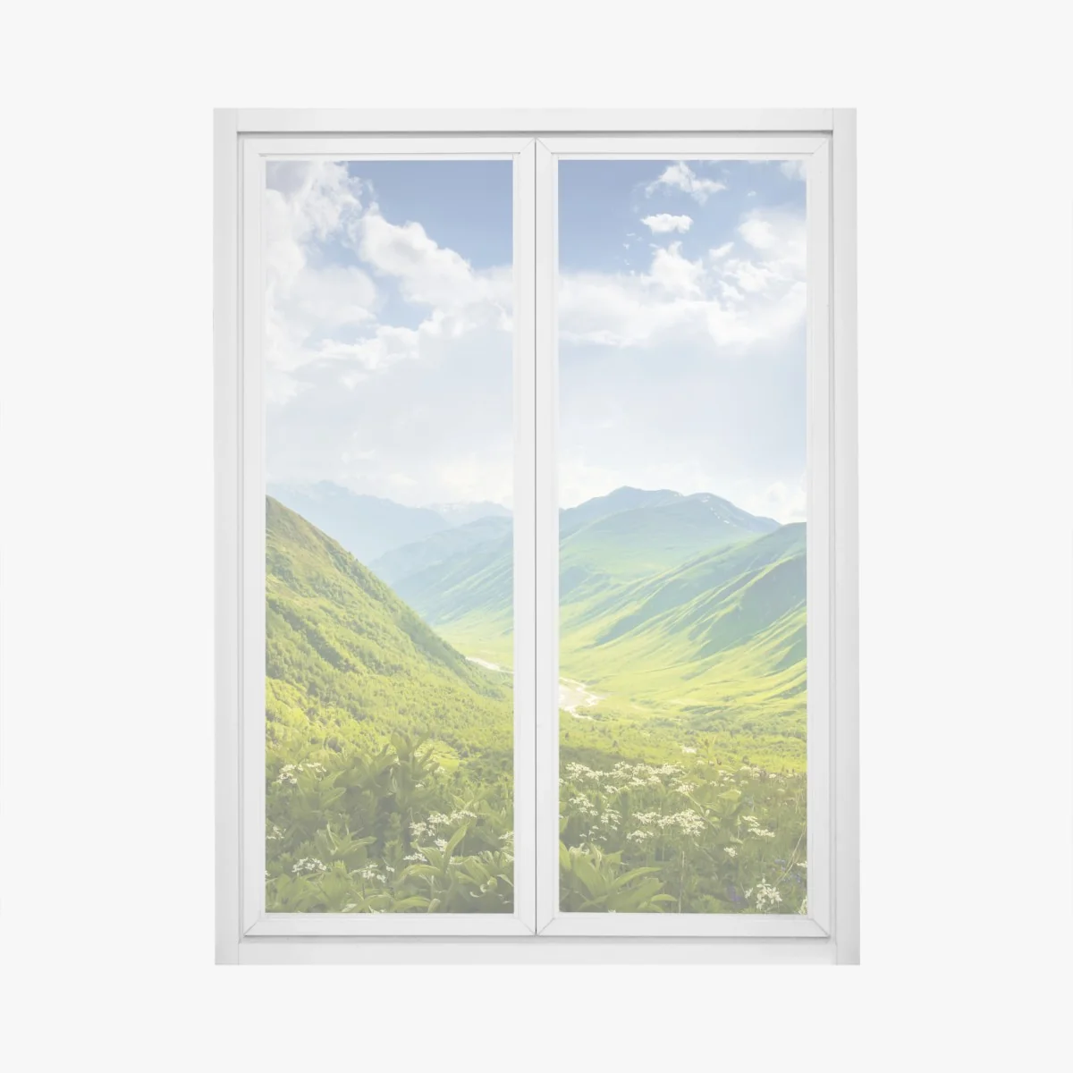 Naklejka na okno bujna zielona dolina górska – Wallissimo® Naklejka na okno bujna zielona dolina górska – Wallissimo®