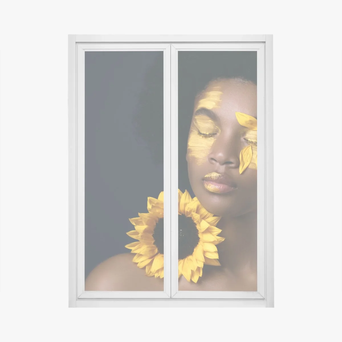 Naklejka na okno słonecznikowa muza: portret z płatkami słonecznika – Wallissimo® Naklejka na okno słonecznikowa muza: portret z płatkami słonecznika – Wallissimo®