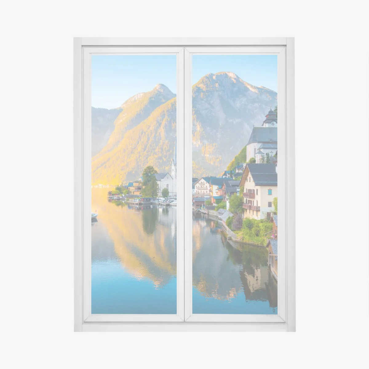 Naklejka na okno poranny blask Hallstatt nad jeziorem – Wallissimo® Naklejka na okno poranny blask Hallstatt nad jeziorem – Wallissimo®