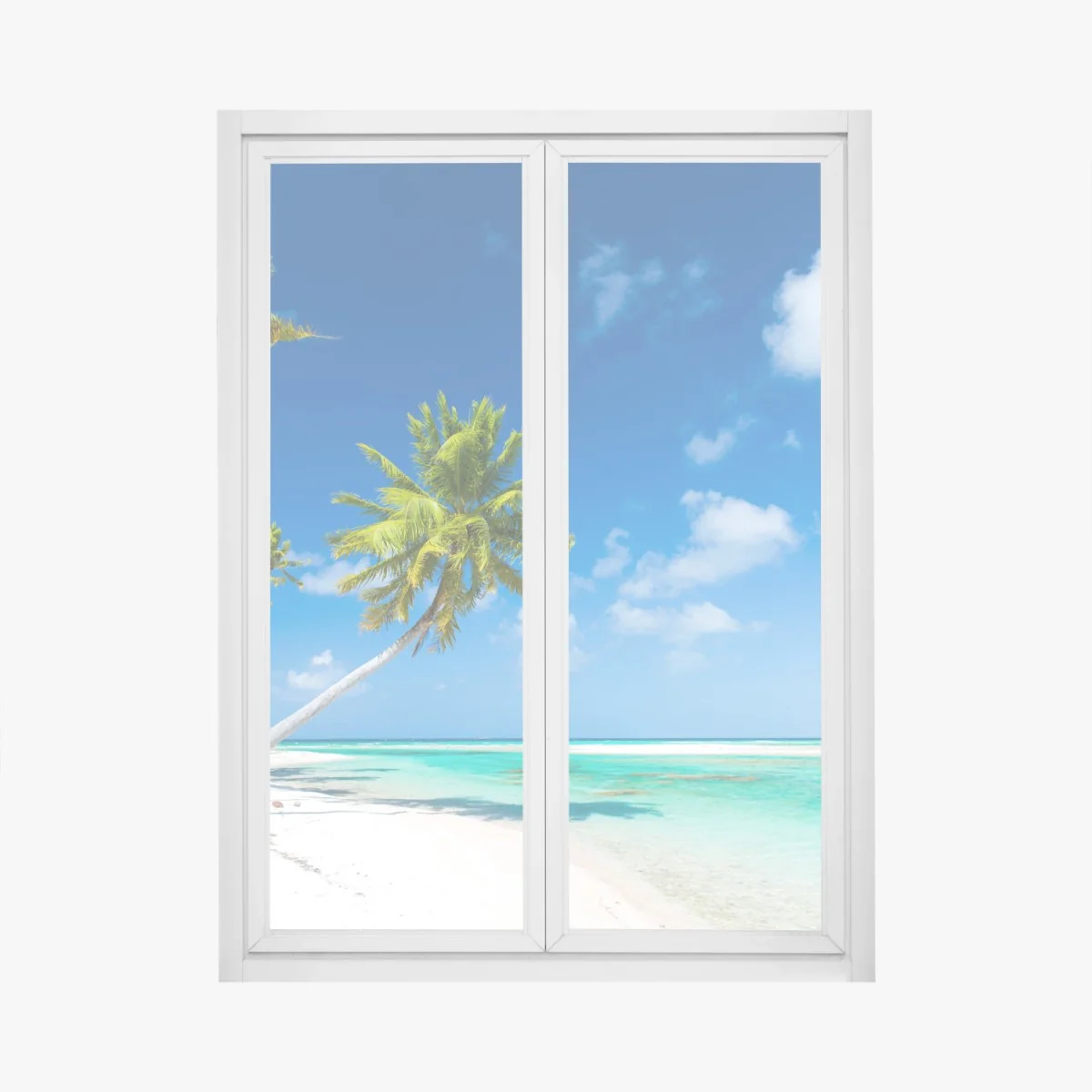 Naklejka na okno tropikalna plaża z palmami i turkusową wodą – Wallissimo® Naklejka na okno tropikalna plaża z palmami i turkusową wodą – Wallissimo®