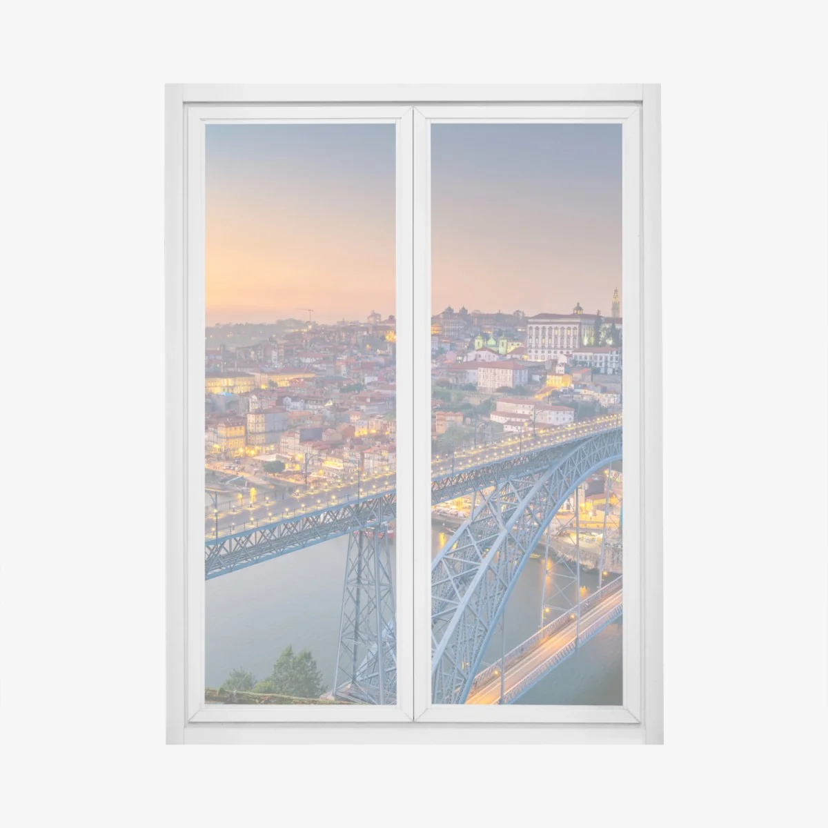 Naklejka na okno panorama Porto o zmierzchu z mostem Dom Luís I – Wallissimo® Naklejka na okno panorama Porto o zmierzchu z mostem Dom Luís I – Wallissimo®