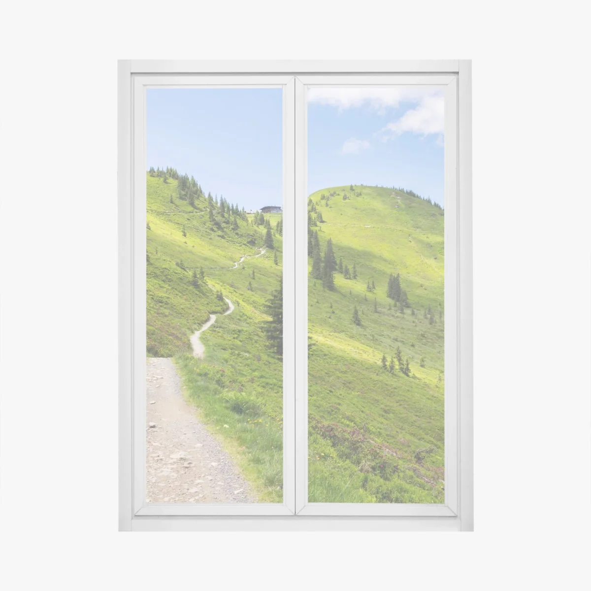 Naklejka na okno słoneczna górska ścieżka przez zieloną łąkę – Wallissimo® Naklejka na okno słoneczna górska ścieżka przez zieloną łąkę – Wallissimo®