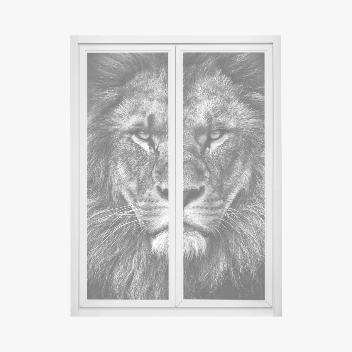 Naklejka na okno majestatyczny portret lwa w monochromie – Wallissimo® Naklejka na okno majestatyczny portret lwa w monochromie – Wallissimo®