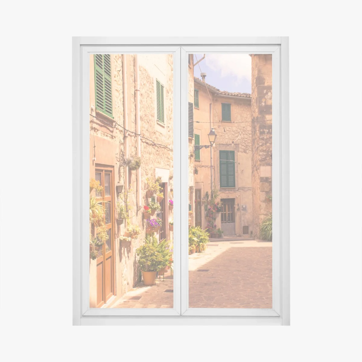 Naklejka na okno słoneczna uliczka śródziemnomorska z doniczkami – Wallissimo®