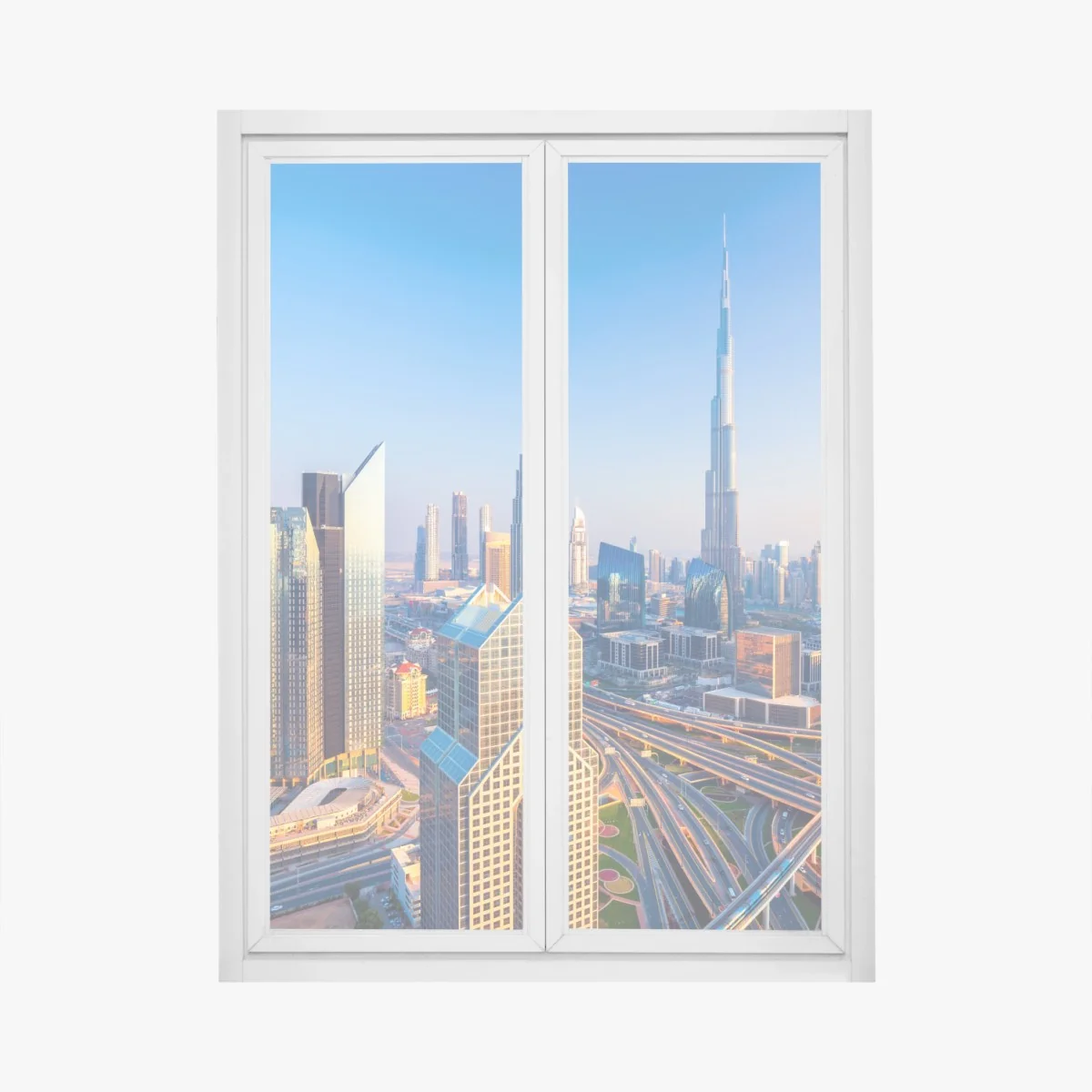 Naklejka na okno panorama Dubaju z Burj Khalifa o zachodzie słońca – Wallissimo® Naklejka na okno panorama Dubaju z Burj Khalifa o zachodzie słońca – Wallissimo®