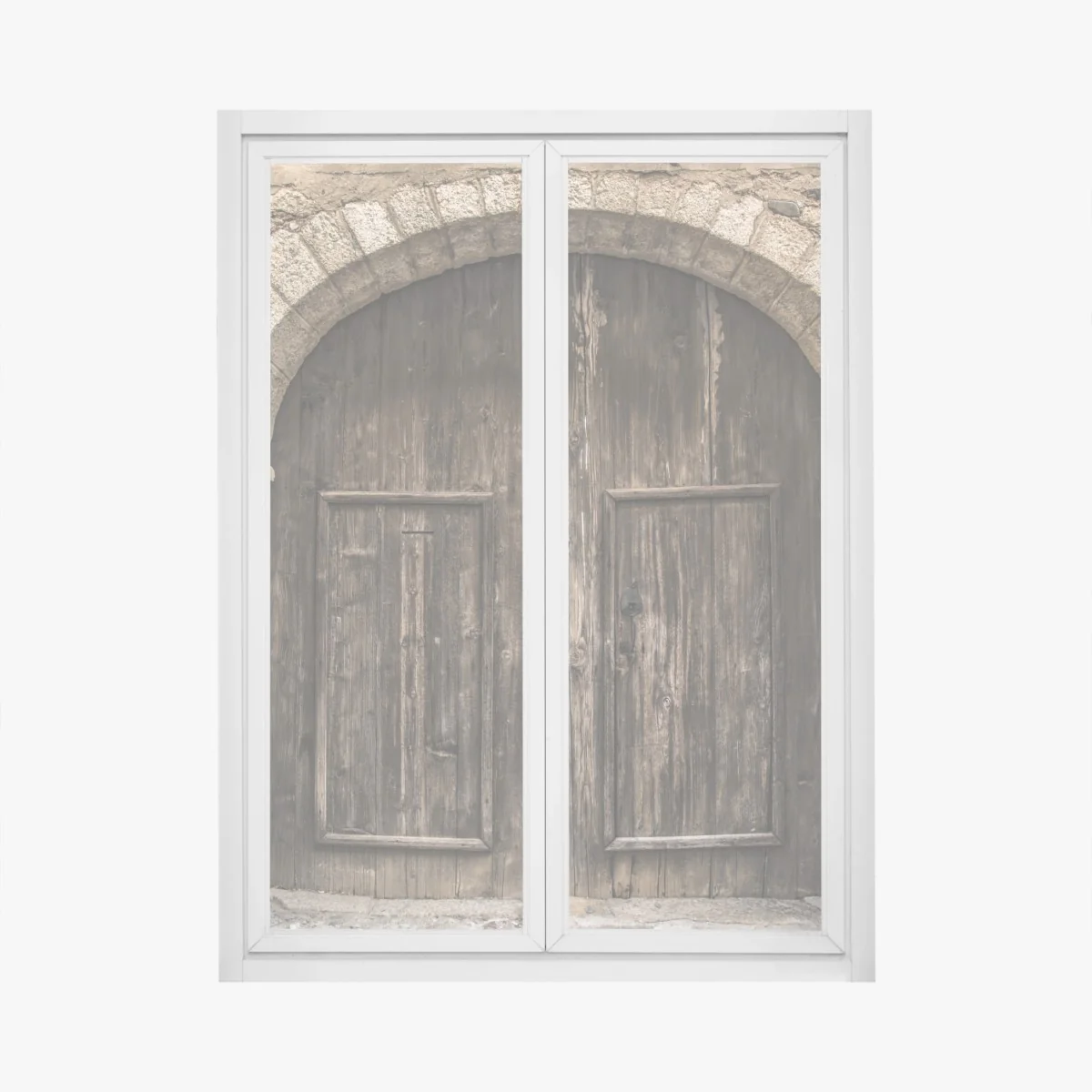 Naklejka na okno rustykalne drewniane drzwi w kamiennym łuku – Wallissimo® Naklejka na okno rustykalne drewniane drzwi w kamiennym łuku – Wallissimo®