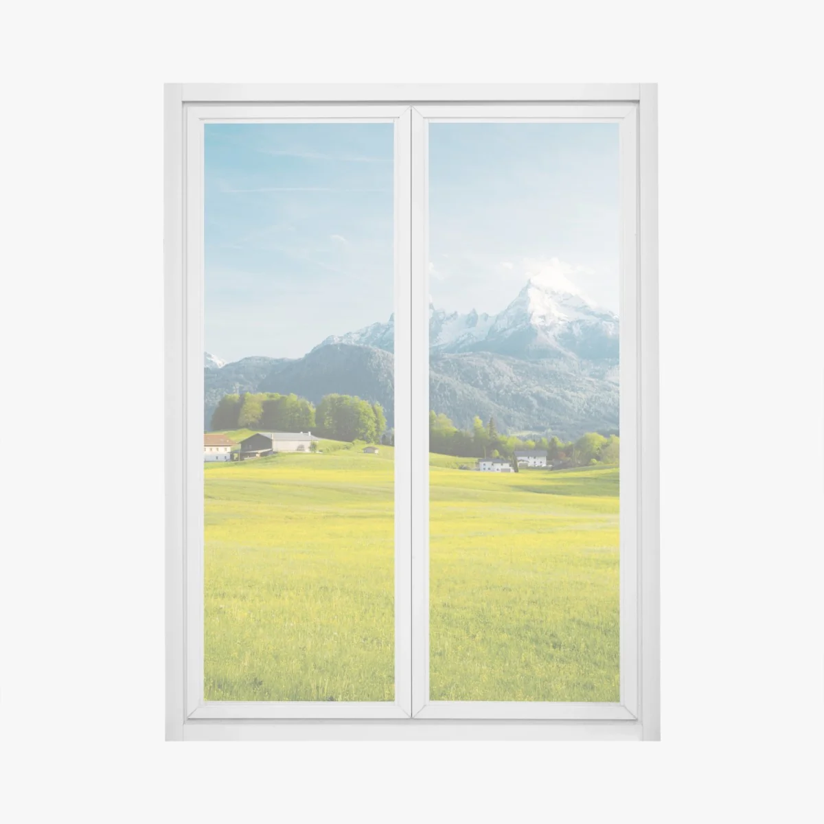 Naklejka na okno alpejska łąka pod ośnieżonymi szczytami – Wallissimo® Naklejka na okno alpejska łąka pod ośnieżonymi szczytami – Wallissimo®