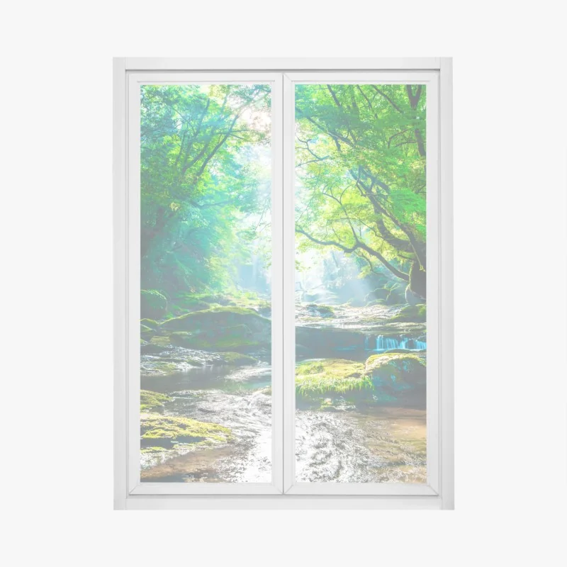 Naklejka na okno spokojny zielony pomost przez trzcinowisko do rustykalnej chaty – Wallissimo®