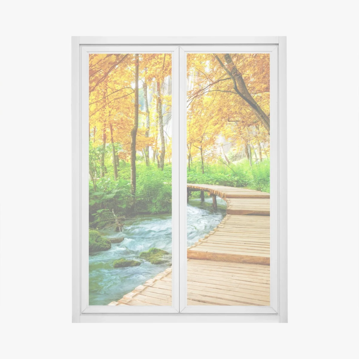 Naklejka na okno złoty pomost w lesie nad Plitwickimi Jeziorami – Wallissimo® Naklejka na okno złoty pomost w lesie nad Plitwickimi Jeziorami – Wallissimo®