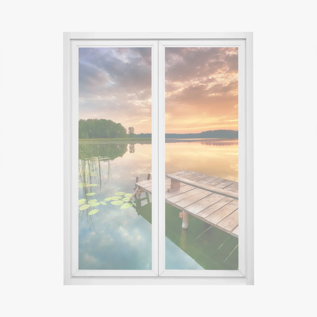 Naklejka na okno złoty wschód słońca nad spokojnym jeziorem – Wallissimo® Naklejka na okno złoty wschód słońca nad spokojnym jeziorem – Wallissimo®