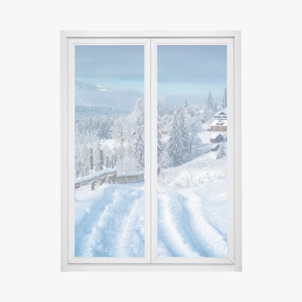 Naklejka na okno zimowa ścieżka do alpejskiej wioski – Wallissimo® Naklejka na okno zimowa ścieżka do alpejskiej wioski – Wallissimo®