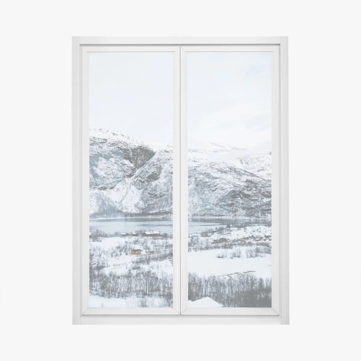 Naklejka na okno spokojny zimowy pejzaż górski nad zamarzniętym jeziorem – Wallissimo® Naklejka na okno spokojny zimowy pejzaż górski nad zamarzniętym jeziorem – Wallissimo®