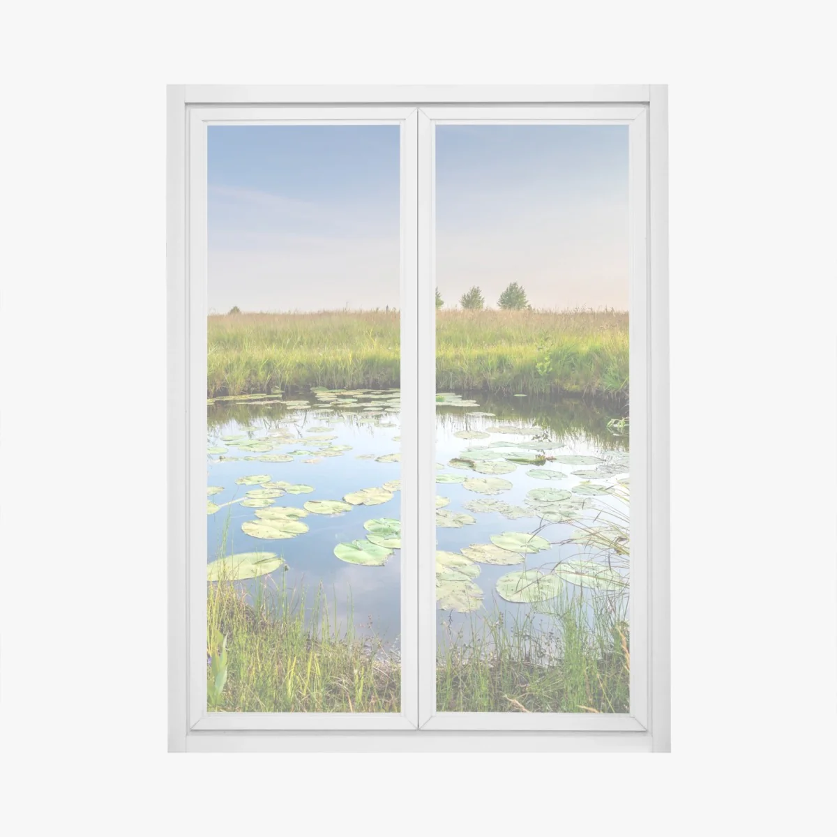 Naklejka na okno spokojny staw z grążelami na łące – Wallissimo® Naklejka na okno spokojny staw z grążelami na łące – Wallissimo®