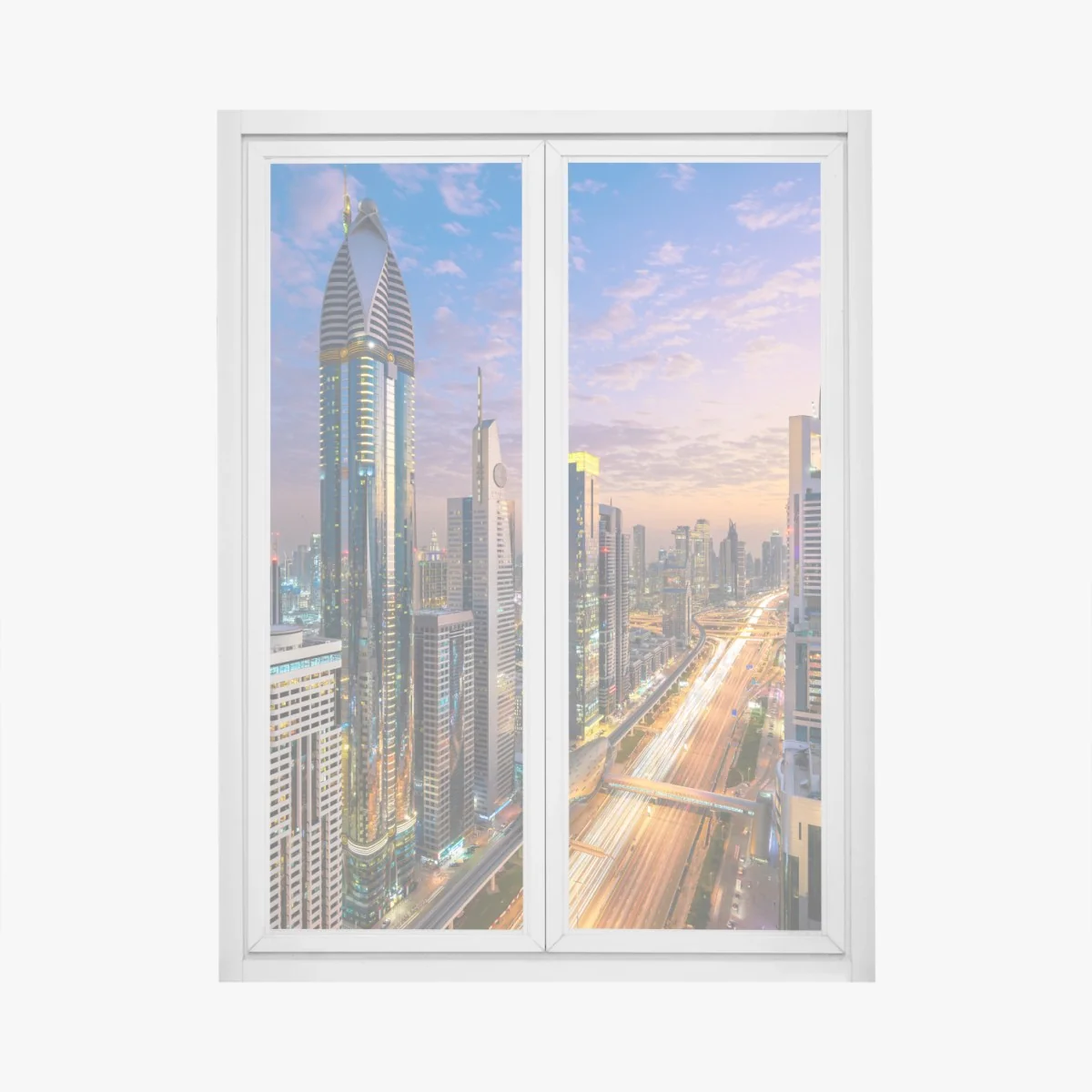 Naklejka na okno panorama Dubaju o zmierzchu – Wallissimo® Naklejka na okno panorama Dubaju o zmierzchu – Wallissimo®
