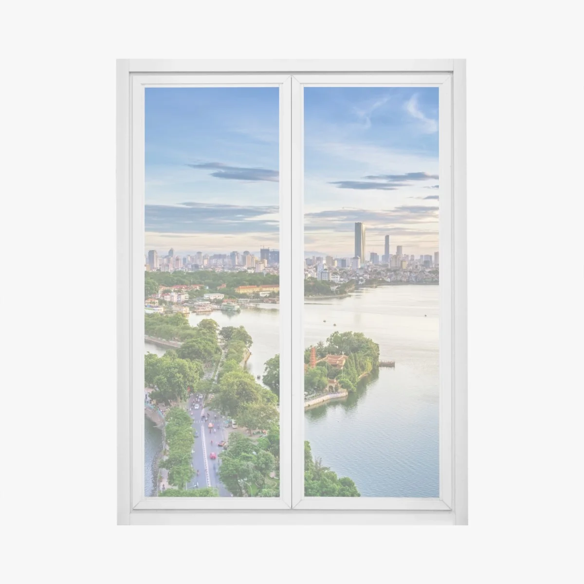 Naklejka na okno spokojna miejska panorama nad jeziorem – Wallissimo® Naklejka na okno spokojna miejska panorama nad jeziorem – Wallissimo®