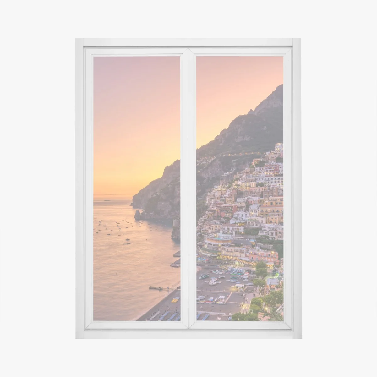 Naklejka na okno zachód słońca nad Positano, Wybrzeże Amalfitańskie – Wallissimo® Naklejka na okno zachód słońca nad Positano, Wybrzeże Amalfitańskie – Wallissimo®