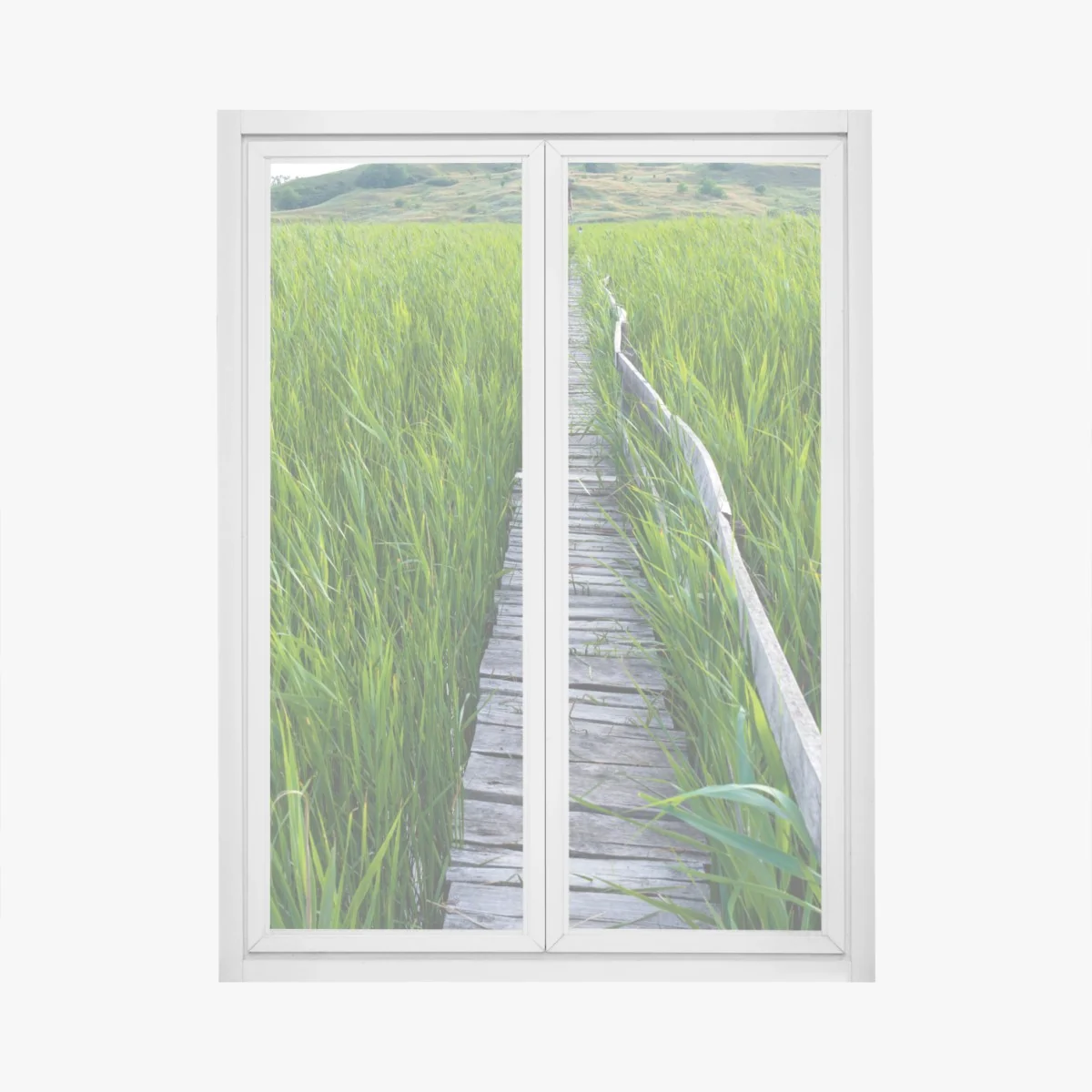 Naklejka na okno spokojny zielony pomost przez trzcinowisko do rustykalnej chaty – Wallissimo® Naklejka na okno spokojny zielony pomost przez trzcinowisko do rustykalnej chaty – Wallissimo®