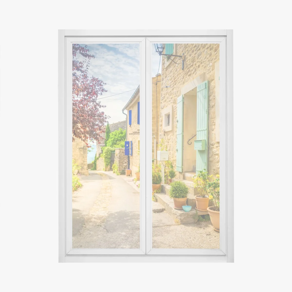 Naklejka na okno słoneczna uliczka z kamiennymi domami i kolorowymi okiennicami – Wallissimo® Naklejka na okno słoneczna uliczka z kamiennymi domami i kolorowymi okiennicami – Wallissimo®