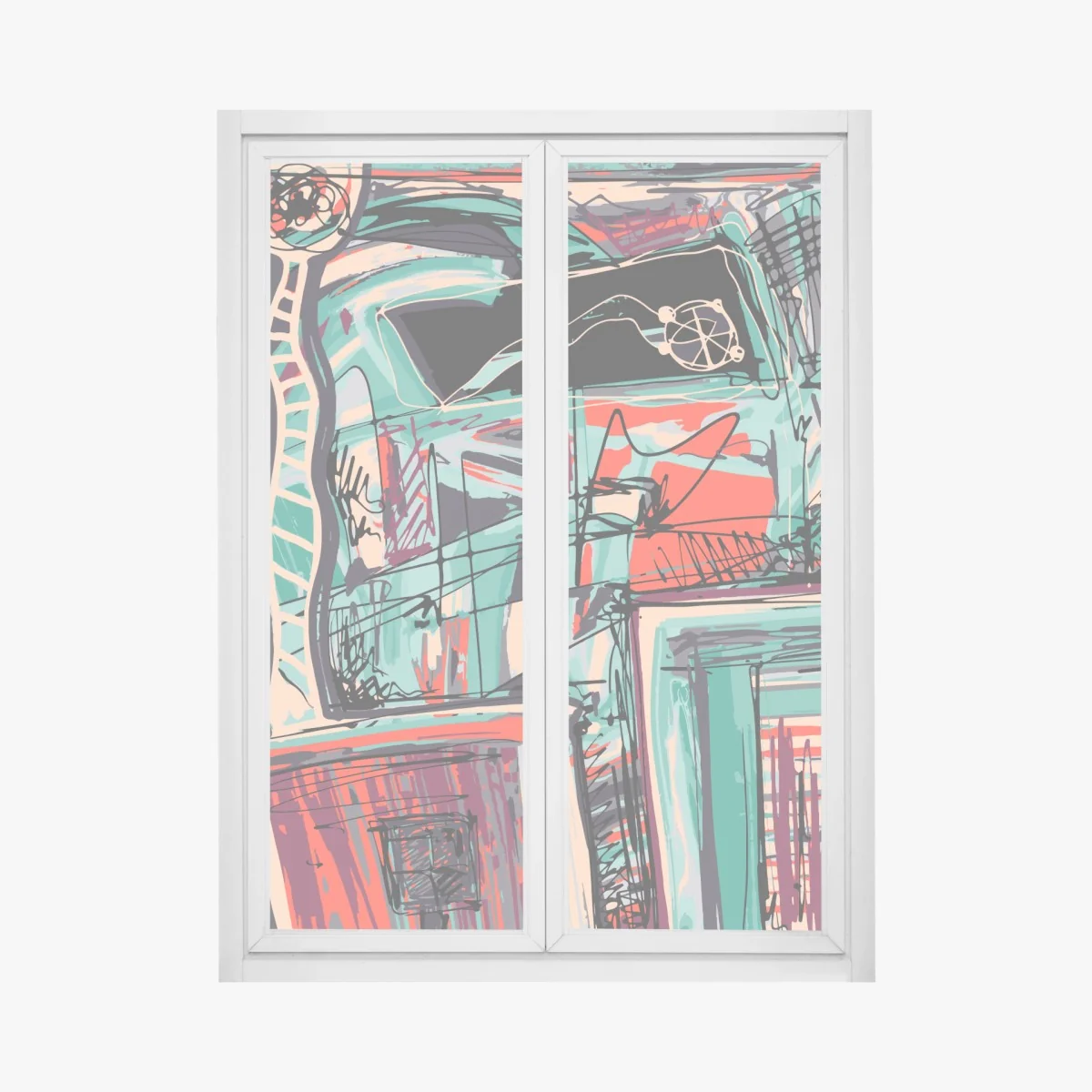 Naklejka na okno turkusowo-koralowa abstrakcyjna kompozycja – Wallissimo® Naklejka na okno turkusowo-koralowa abstrakcyjna kompozycja – Wallissimo®