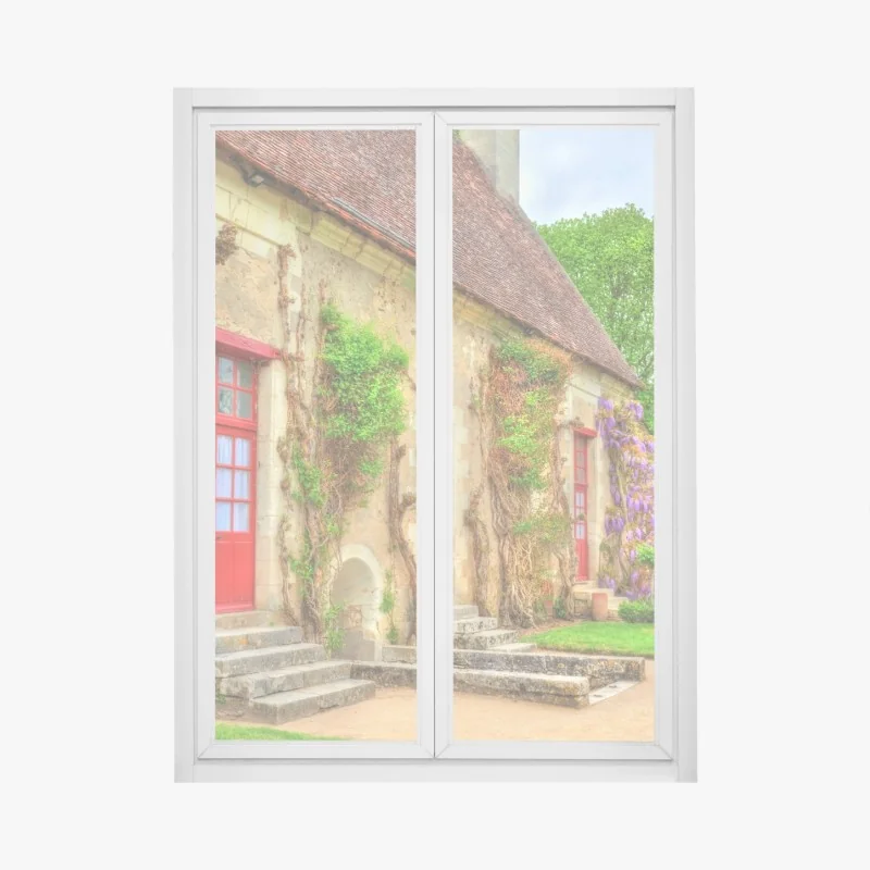 Naklejka na okno słoneczna uliczka z kamiennymi domami i kolorowymi okiennicami – Wallissimo®