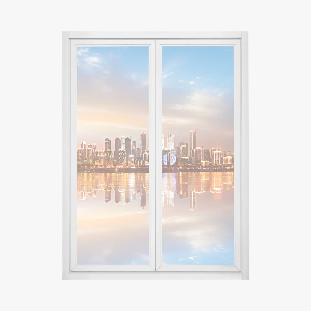 Naklejka na okno panorama miasta odbita w wodzie o zmierzchu – Wallissimo® Naklejka na okno panorama miasta odbita w wodzie o zmierzchu – Wallissimo®