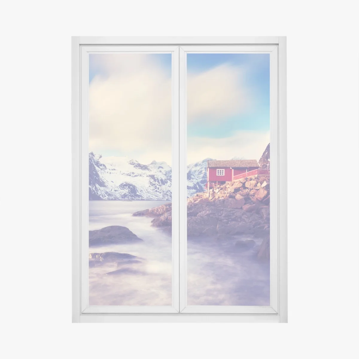 Naklejka na okno górski nadmorski krajobraz z czerwonymi domkami – Wallissimo® Naklejka na okno górski nadmorski krajobraz z czerwonymi domkami – Wallissimo®